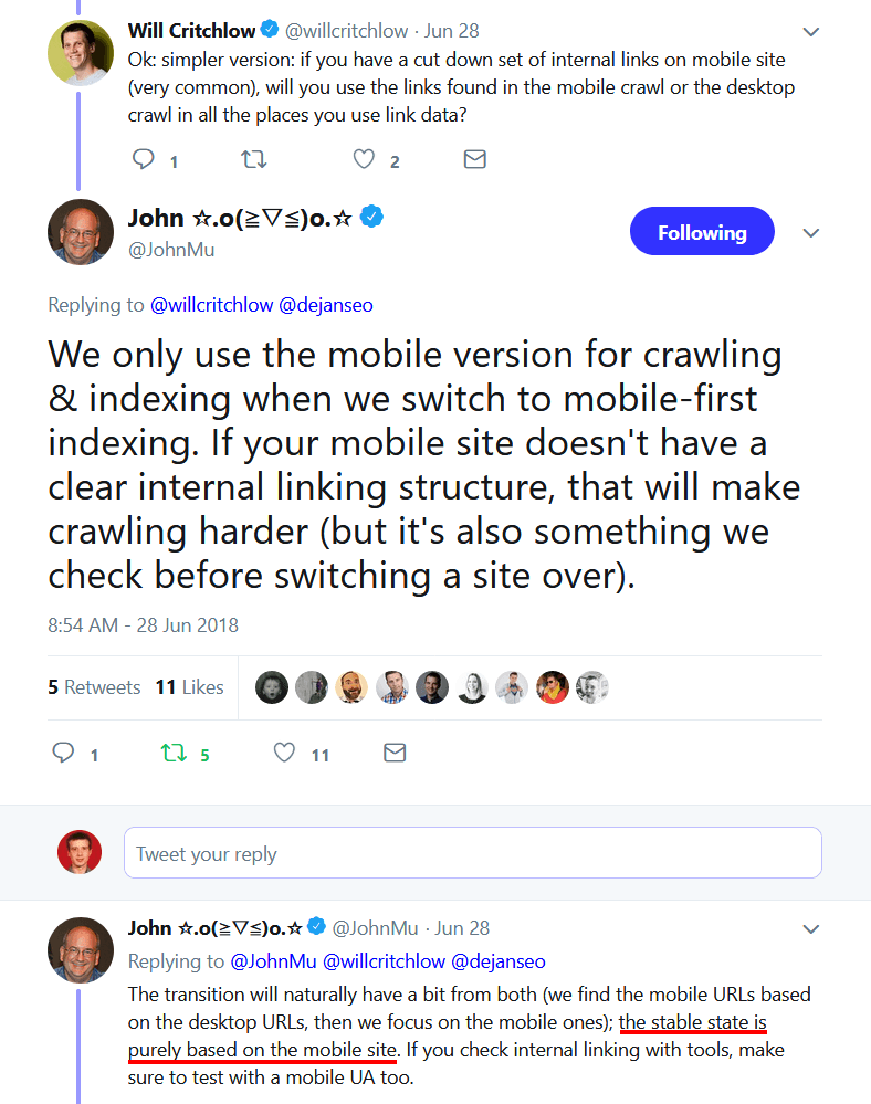 来自 Google 的 John Muller 的关于移动优先索引的推文。