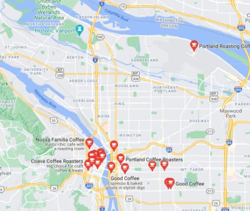 谷歌地图搜索“咖啡波特兰”。