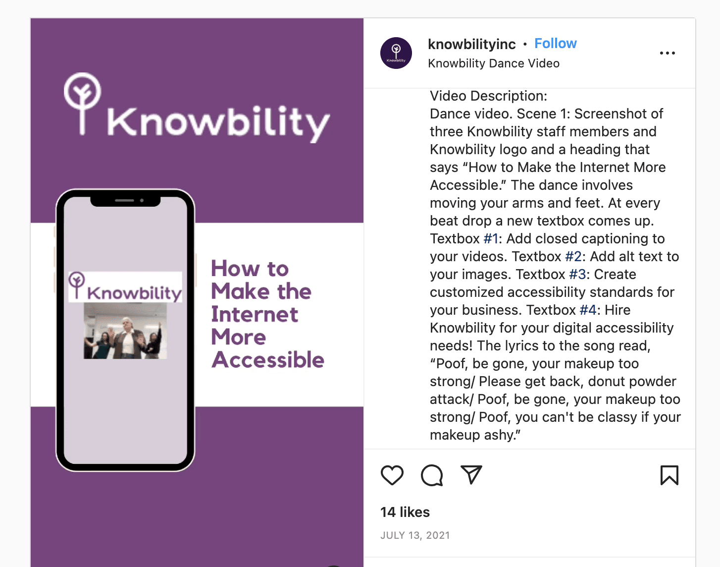 关于如何使互联网更易于访问的 Knowbility instagram 帖子的屏幕截图。