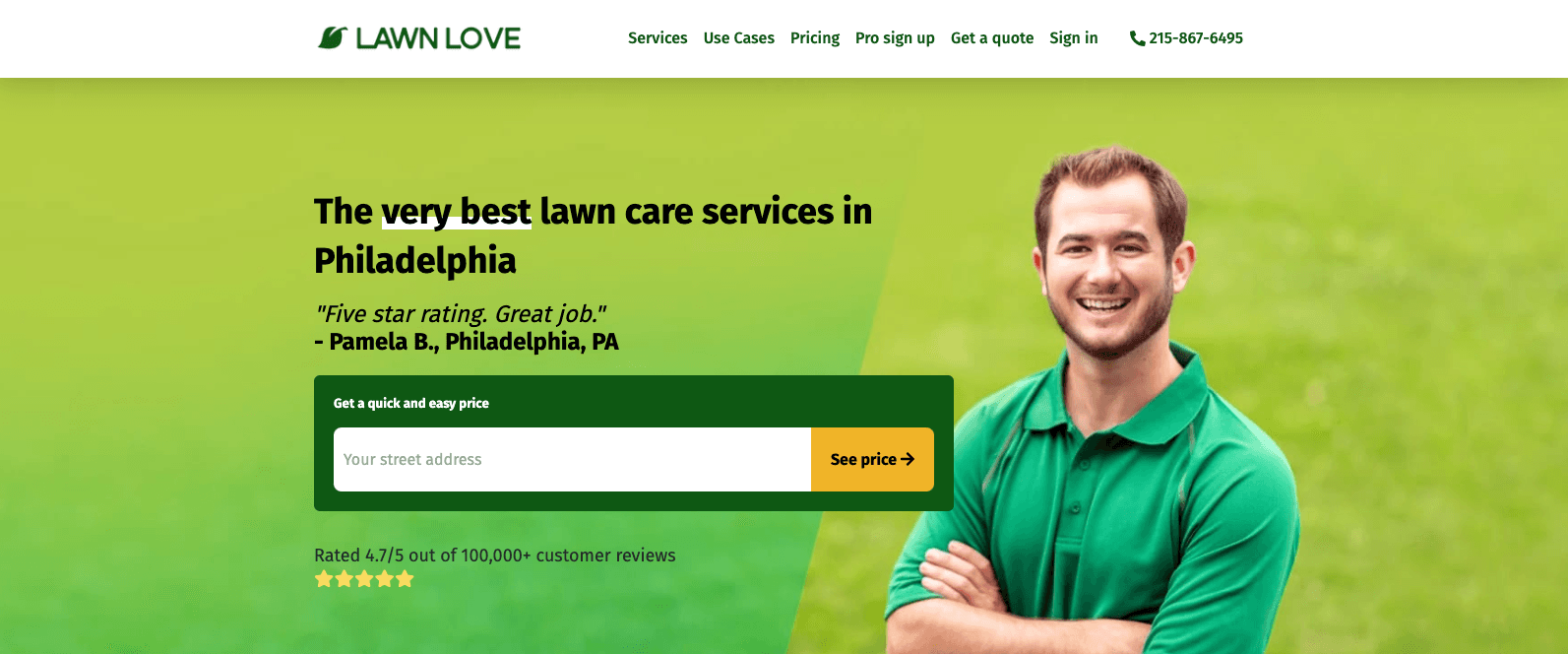 费城地区的 Lawn Love 主页屏幕截图。