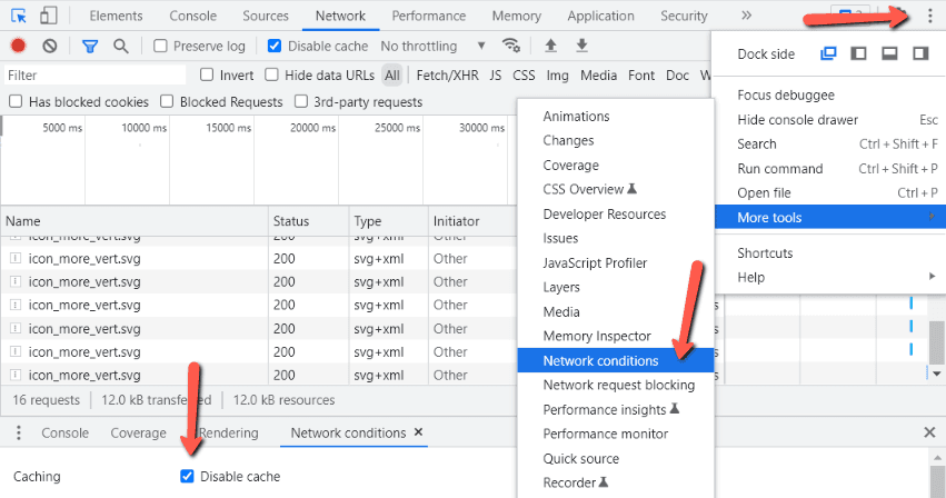 DevTools 屏幕截图显示了上述禁用缓存的操作